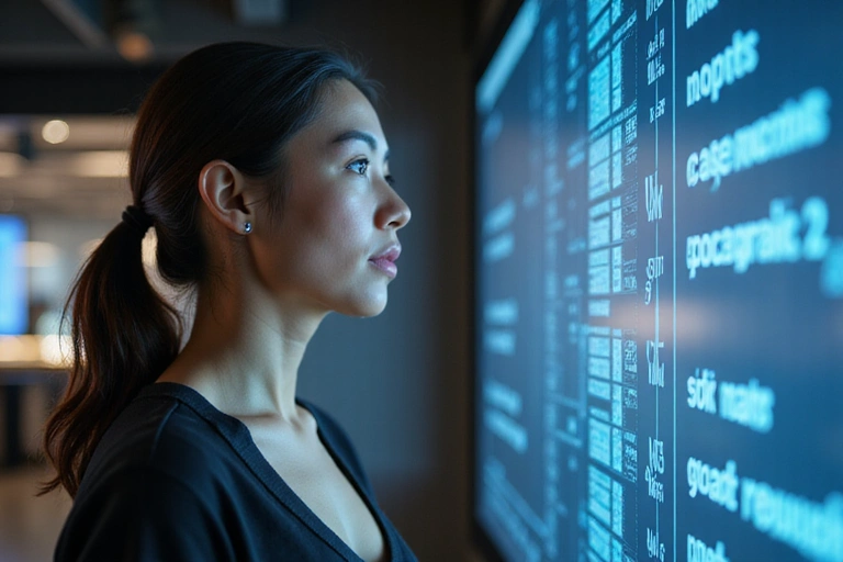 A person looking confidently at a bright digital interface, representing empowerment and digital success.