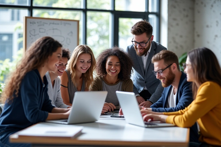 A diverse group of people collaborating in a modern, brightly lit office, symbolizing teamwork and innovation.