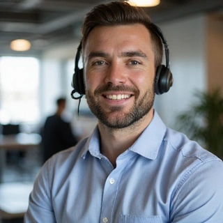 Portrait of a male Customer Support Manager, looking friendly and helpful.