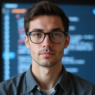 Portrait of a male Software Engineer, looking focused and detail-oriented.