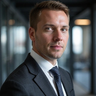 Portrait of a male CTO, looking thoughtful and innovative.