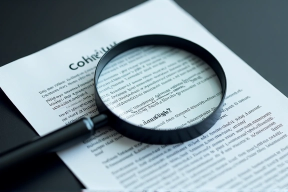 A magnifying glass hovering over a document with cookie and privacy text, symbolizing transparency and detailed review.