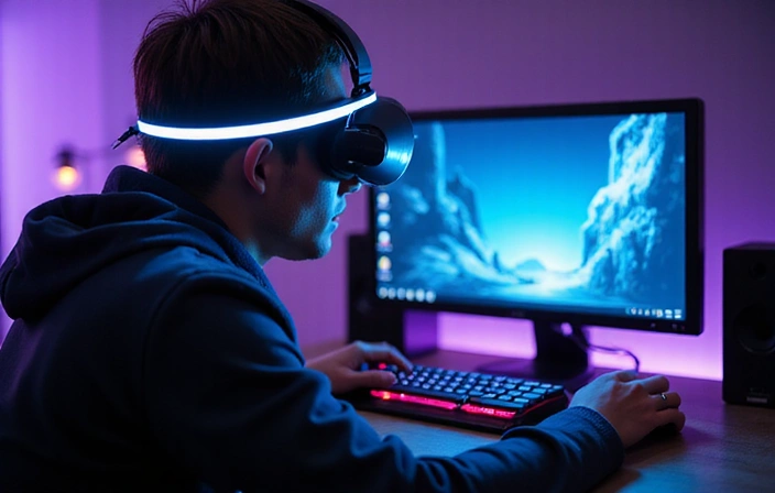 Gamer wearing Quantum Leap headset, focused on screen