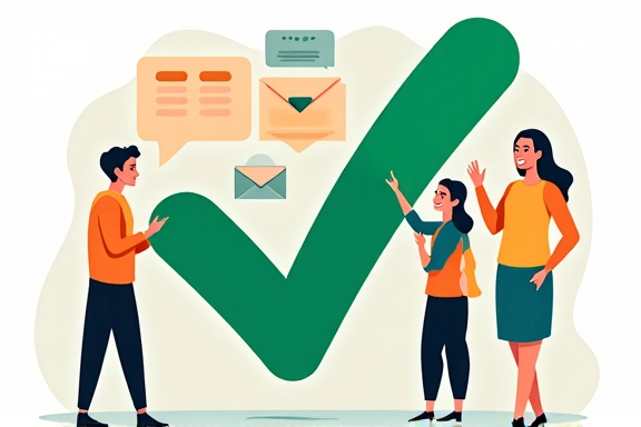 Confirmation illustration with a checkmark and smiling people